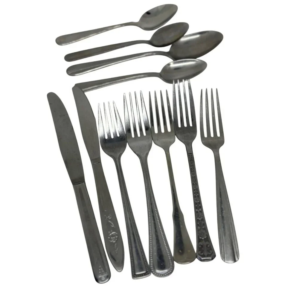 VTG Eclectic 11-Pcs Silver-Toned Flatware Set Mismatched Cutlery‎ Assortment MCM